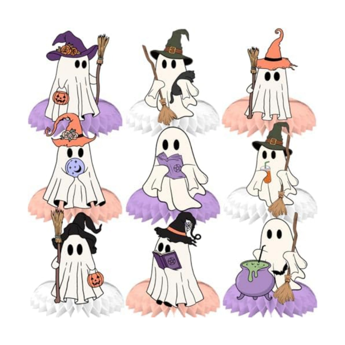 Halloween Ghost Honeycomb Centerpiece,9Pcs Cute Ghost Table Decorations Pink Spooky Pumpkin Broom Signs Table Centerpieces for Halloween Ghost Decor Party Baby Shower Indoor