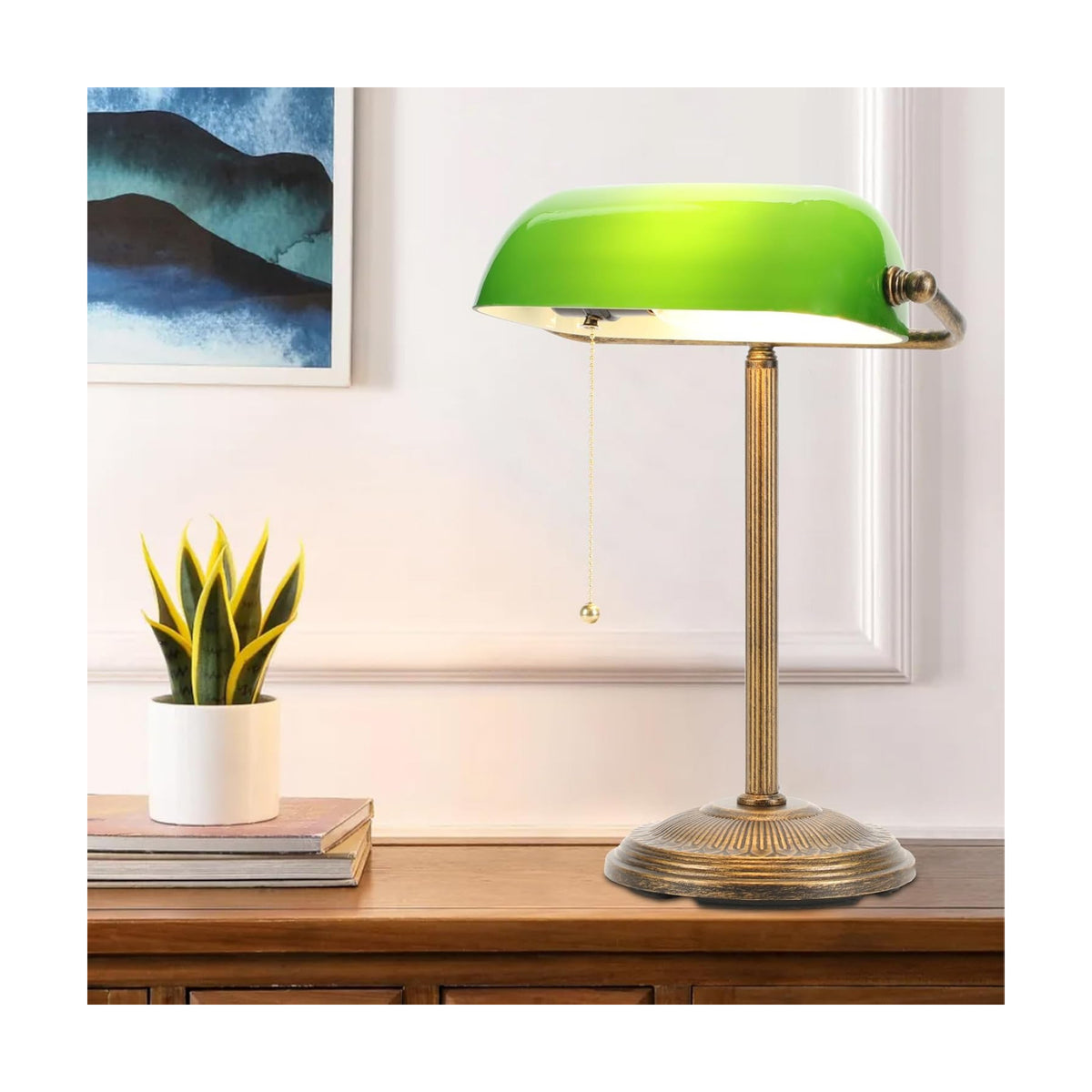 NISSAFORS Bankers Desk Lamp, Green Glass Shade, Vintage Desk Lamp with Pull Chain Switch, Retro Table Lamps for Home