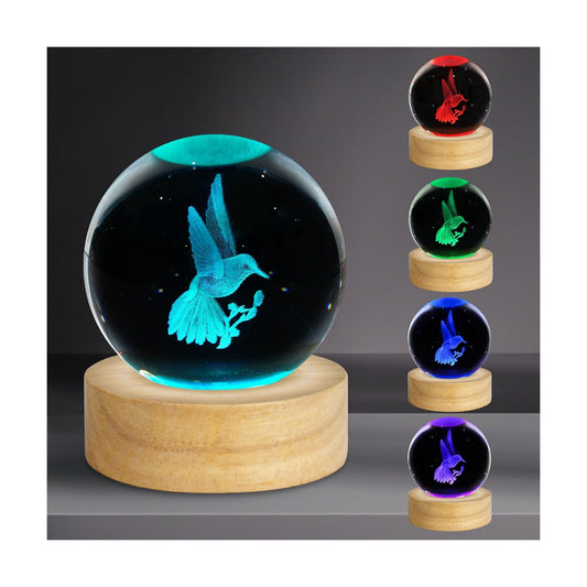 3D Crystal Ball Night Light Figurines Decor Table Lamp / Hummingbird / 2.4 Inch