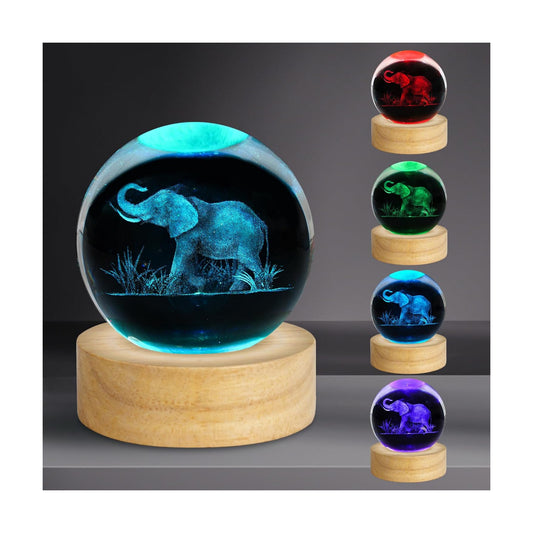 3D Engraved Crystal Ball Night Light Figurines Decor Table Lamp / Elephant / 2.4 Inch