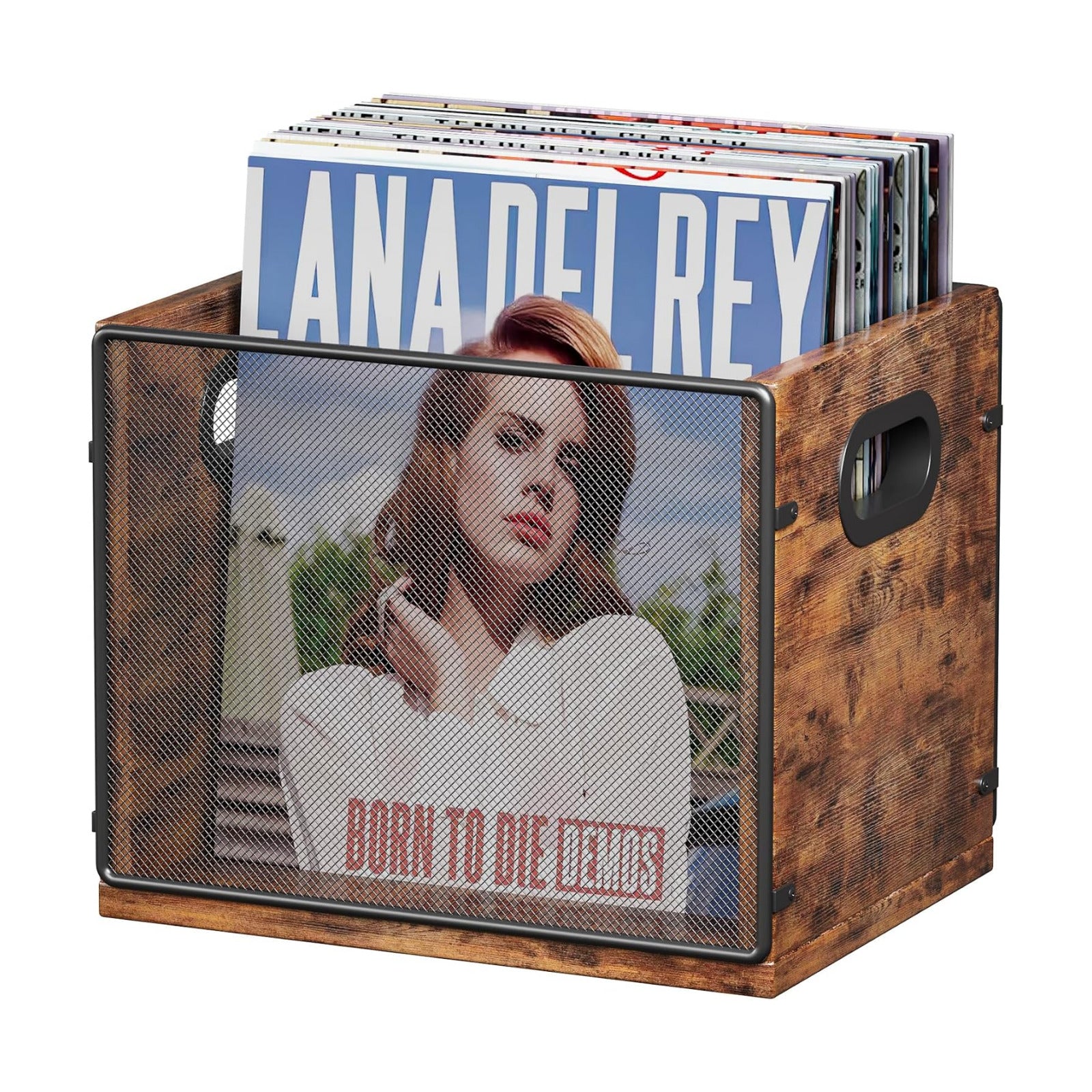 Homeiju Wooden & Metal Record Crate - Vinyl Album Holder & Organizer, Holds Up to 60 Records