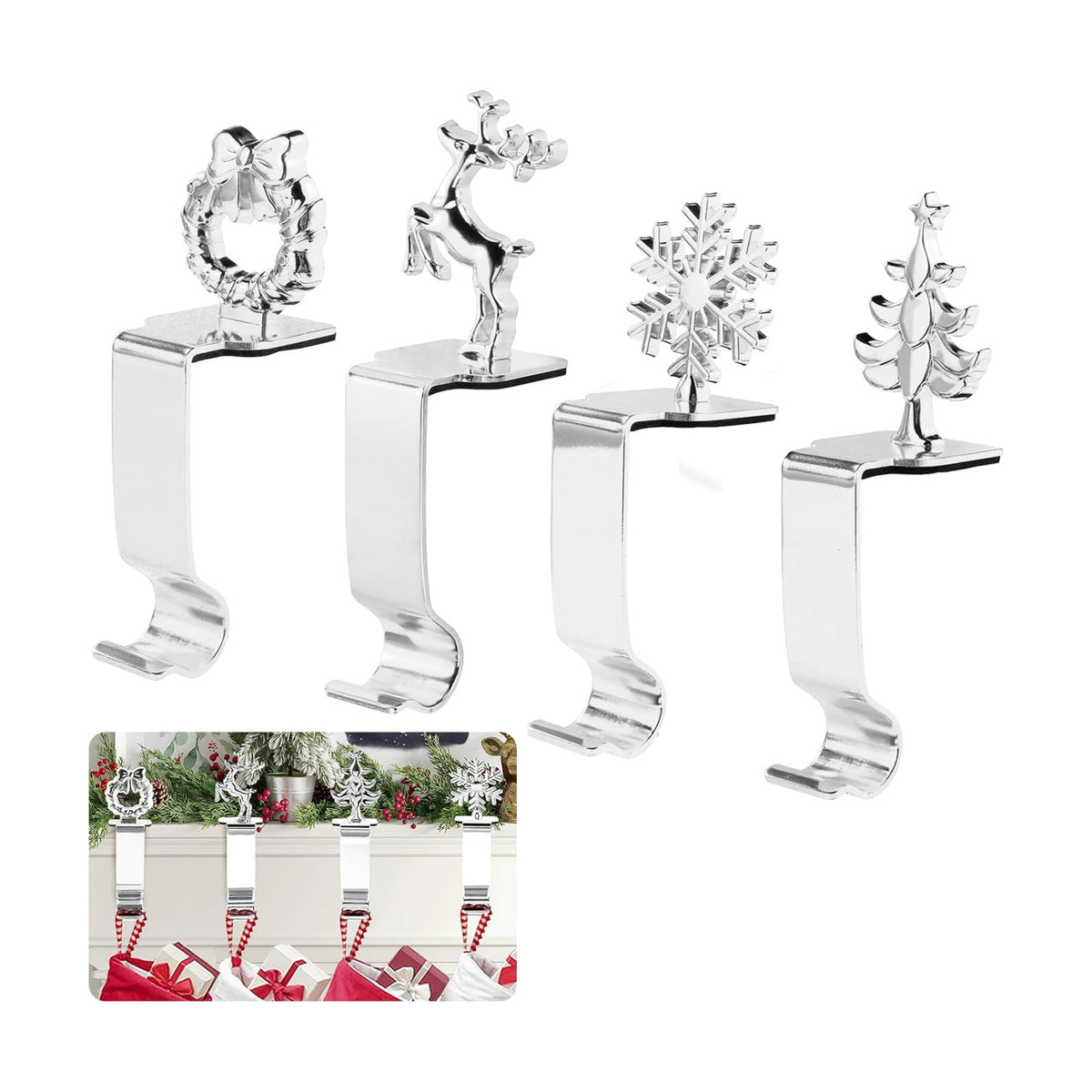 Christmas Stocking Holders for Mantle Set 4, Upgrade Stable Non-Slip Fireplace Stocking Holder, Metal Stocking Hangers for Mantle, Mantel Stocking Holders Clip for Xmas Party Decoration (Silver)