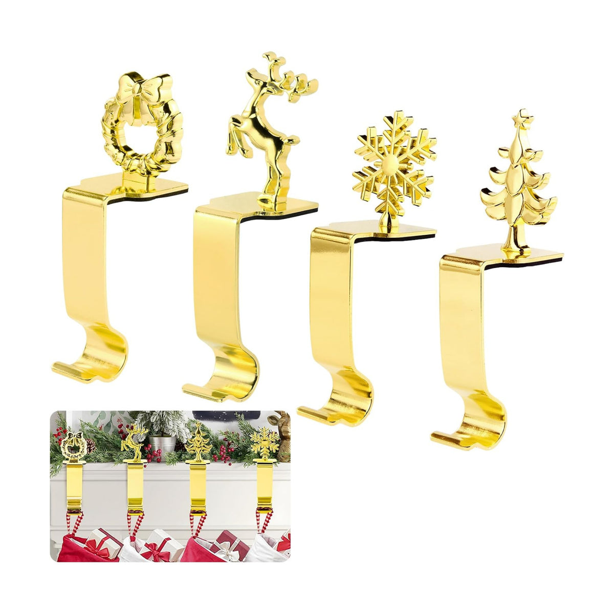 Komotu 4 Pcs Christmas Stocking Holders for Mantle, Upgrade Stable Lightweight Metal Stocking Holder No-Slip Stocking Hangers for Mantle, Mantel Stocking Holders Clip for Xmas Party Decoration (Gold)