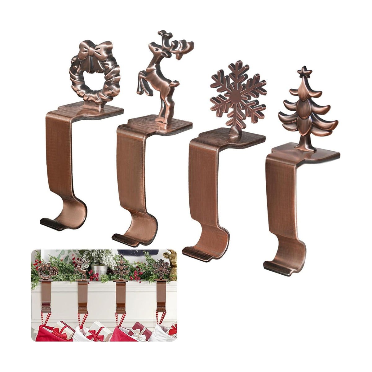Christmas Stocking Holders for Mantle Set 4, Upgrade Stable Non-Slip Fireplace Holder, Metal Hangers for Mantle, Mantel Clip for Xmas Party Decoration (Bronze)