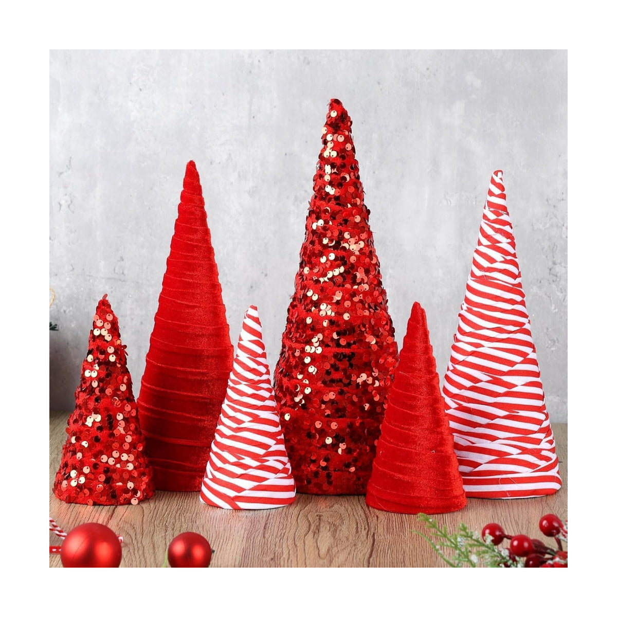 6 Pcs 12" 10" 6" Christmas Red White Velet Cone Tree Decoration Christmas Glitter Table Tree Farmhouse Tree Tiered Tray Ornament Xmas Tree for Home Holiday Entryway Tabletop Tree Centerpiece Decor