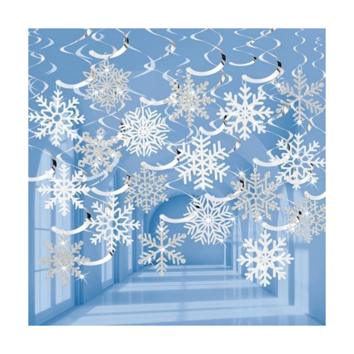 Snowflake Decorations, Christmas Hanging Decor, White Silver, 30-Pc
