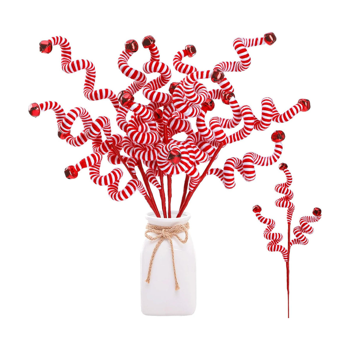 Sggvecsy 6 Pcs Christmas Tree Decoration Candy Cane Woolen Bells Candy Shape Christmas Tree Picks Christmas Bell Curly Picks Ornaments Xmas Tree Topper for Vase Filler Office Home Decor (Red)