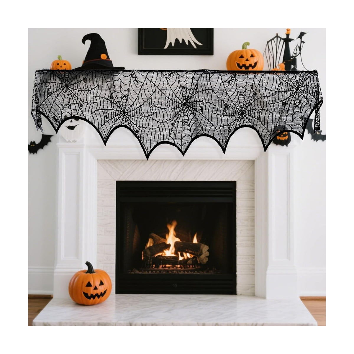Halloween Mantle Scarf Fireplace Cover 18 x 96 inch Black Lace Cobweb Fireplace Mantle Scarf Cover for Halloween Decorations Festive Party Supplies Decor
