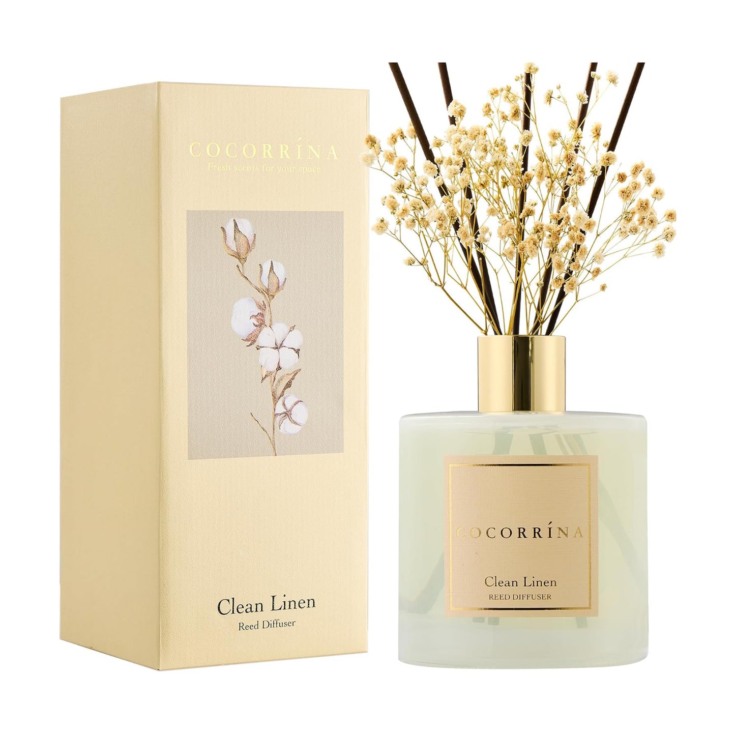 COCORRÍNA Reed Diffuser - Clean Linen 17 Fl.oz Reed Diffuser with 8 Sticks Scented Diffuser with Preserved Flowers for
