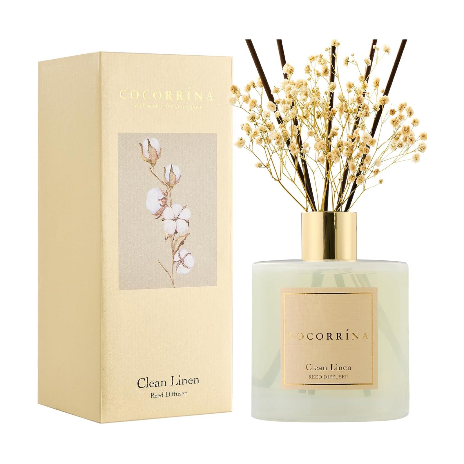 COCORRÍNA Reed Diffuser - Clean Linen 17 Fl.oz Reed Diffuser with 8 Sticks Scented Diffuser with Preserved Flowers for