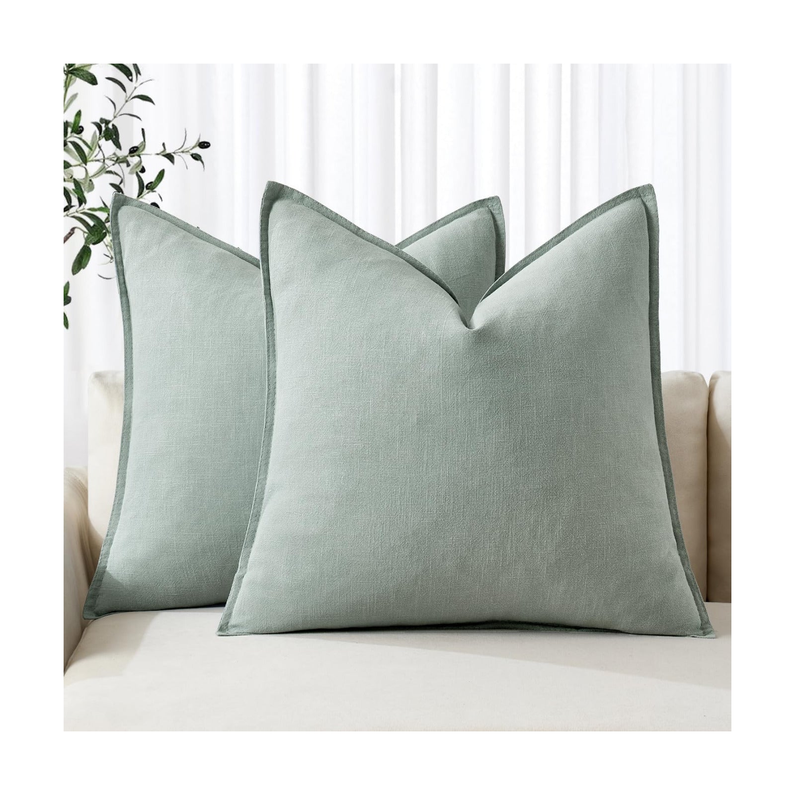 Decorative Linen Pillow Covers ​Boho Farmhouse​ ​Neutral Spring / 20 x 20 / Aqua Green / Set of 2