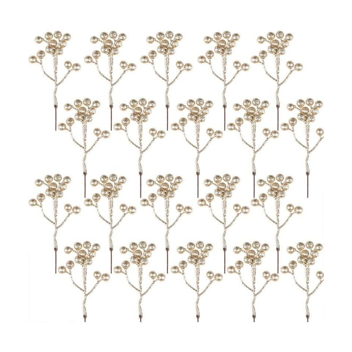 Fangoo 20 Pack 7 Inch Artificial Champagne Gold Berry Stems Christmas Champagne Gold Berries Picks Holly Berry Branches for Christmas Tree Ornaments DIY Crafts Wedding Holiday Season Winter Home Decor
