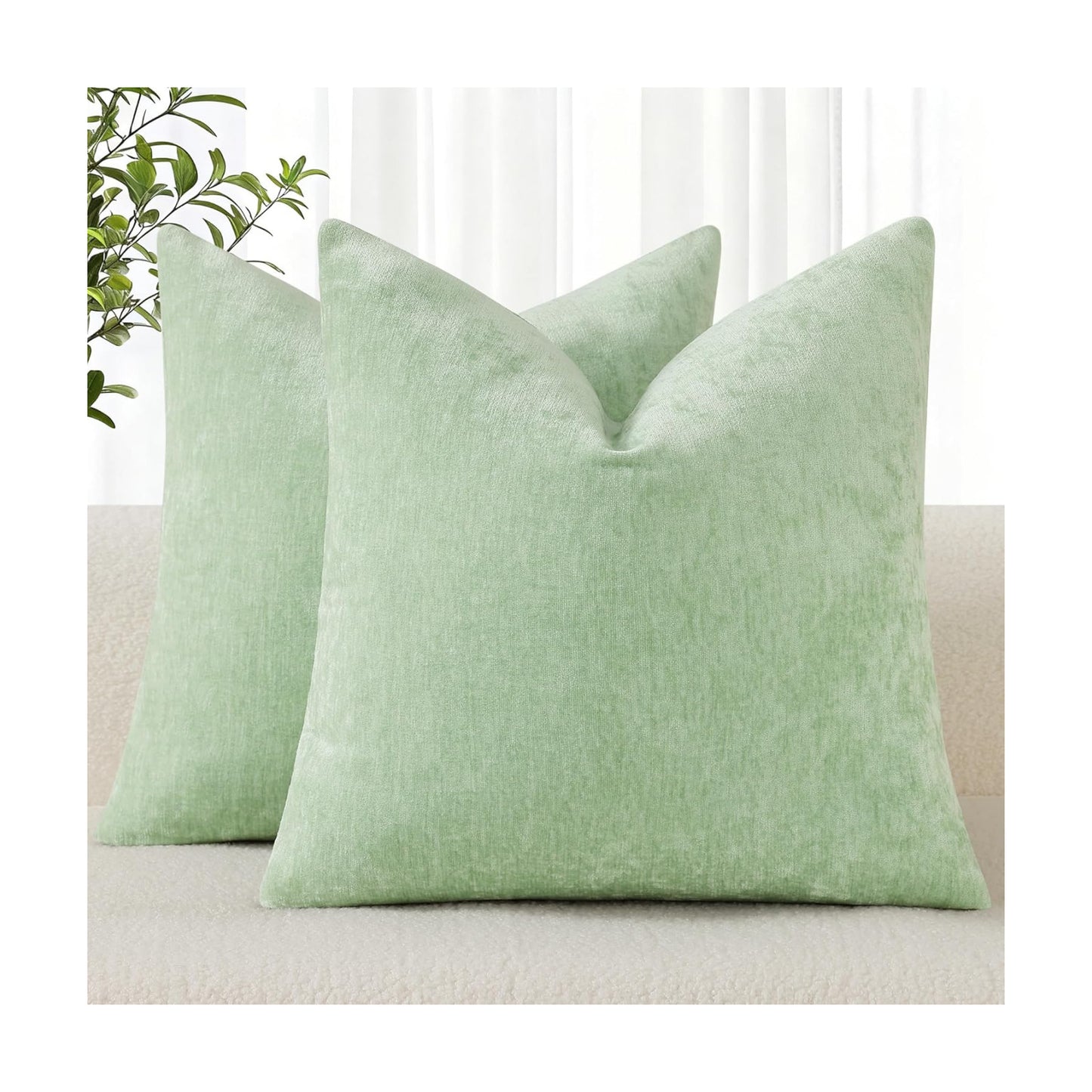 Chenille Summer Throw Pillow Covers / Sage Green / 26 x 26 / Set of 2