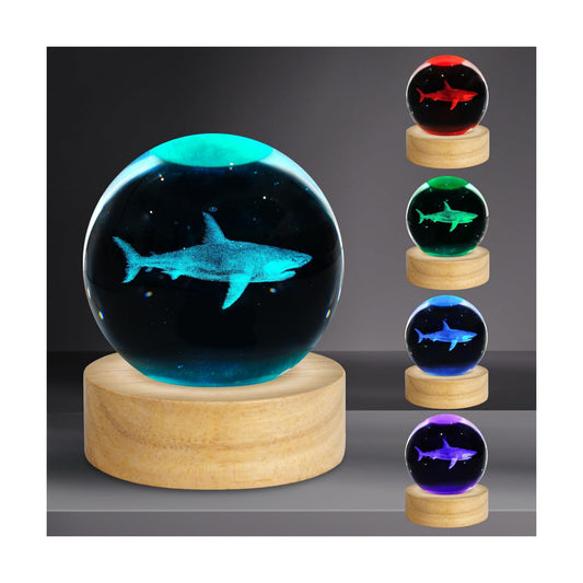 3D Crystal Ball Night Light Figurines Decor Table Lamp / Shark / 2.4 Inch