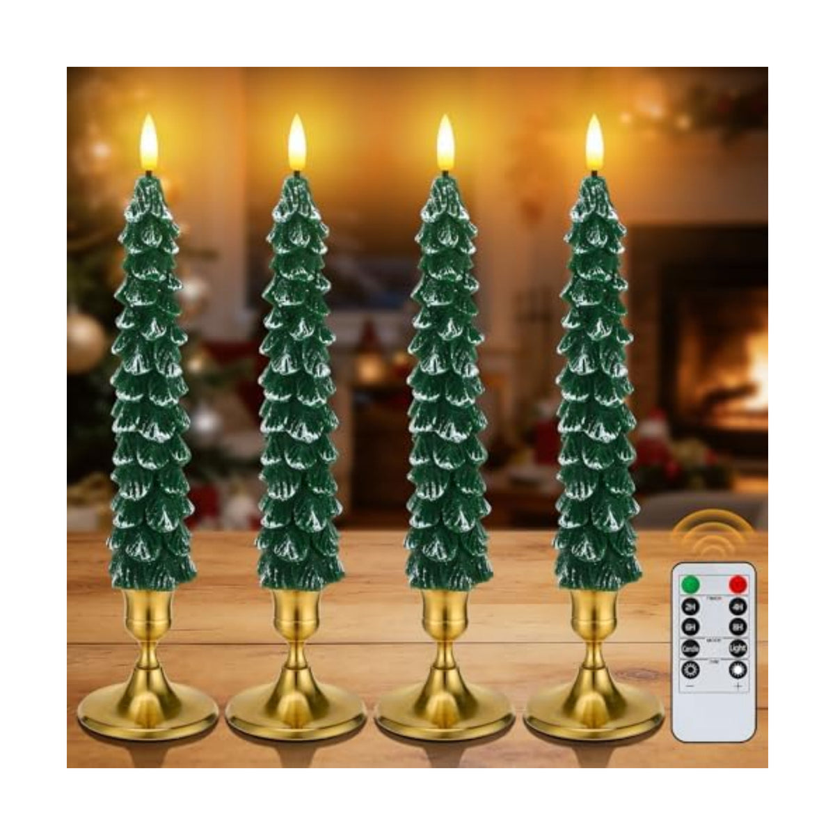 4 Pack Christmas Tree Candles - Real Wax Flameless Taper Candles, 9.7in Green Candlesticks for Christmas Home Table Fireplace Decorations Party Supplies