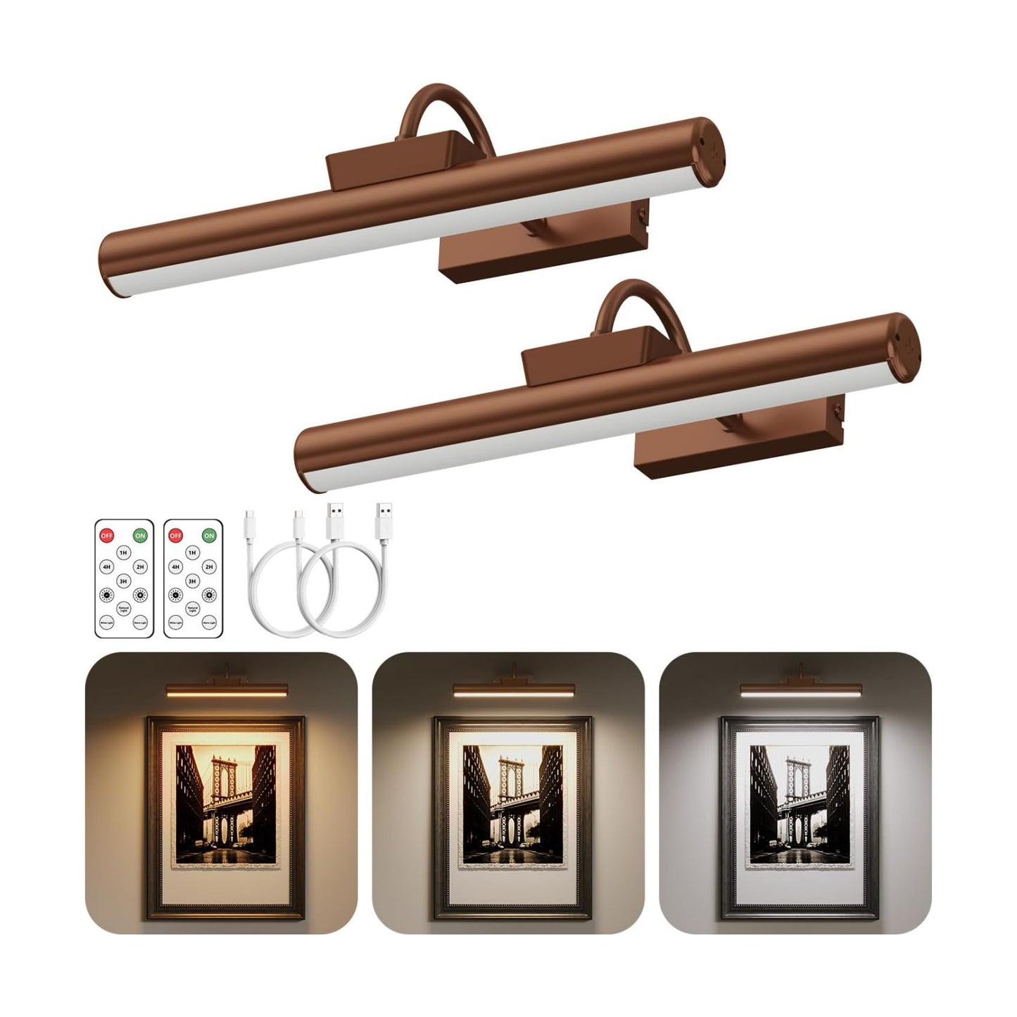 13" Wireless Picture Lights for Wall, Rechargeable Art Light, 2Pack Bronze | Aluminum Photo Frame Light, Remote & Touch