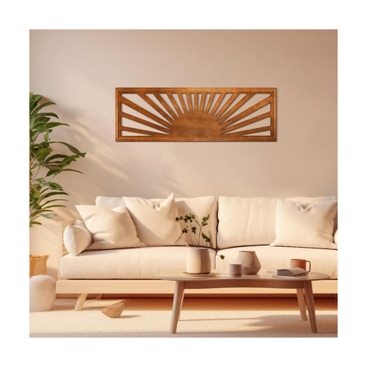 Sun Wall Art Decor 35'' x 12'' Large Boho Sun Wall Decor Wooden Horizontal Vintage / Dark Brown