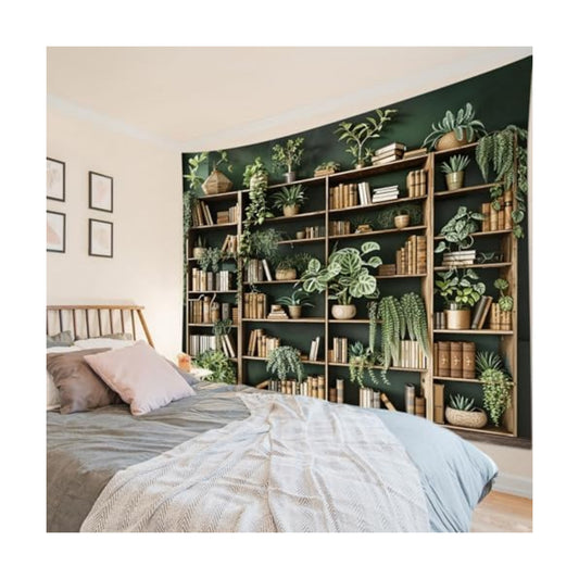 HVEST Vintage Green Bookshelf Tapestry Botanical Library Wall Hanging, Books with Plant Potted, Fantasy Book Large Tapestry for Classroom Bedroom Living Room Office Dorm Decor 70.9L x 92.5W Inches