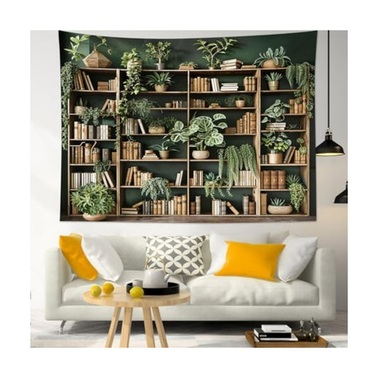 HVEST Green Plant Bookshelf Tapestry Book on Bookshelf and Plant Potted Tapestry Wall Hanging Reading Wall Tapestries for Study Room Bedroom Living Room College Dorm Decor, 51L x 59W Inches