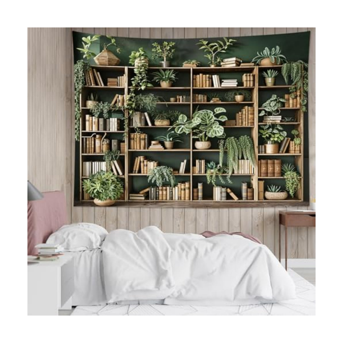 HVEST Green Plant Bookshelf Tapestry Book on Bookshelf and Plant Potted Tapestry Wall Hanging Reading Wall Art Decor for Study Room Bedroom Living Room College Dorm, 40L x 60W Inches