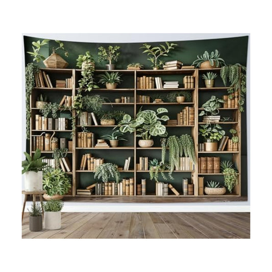 HVEST Green Plant Bookshelf Tapestry Book on Bookshelf and Plant Potted Tapestry Wall Hanging Reading Wall Decor for Study Room Bedroom Living Room College Dorm, 60L x 80W Inches