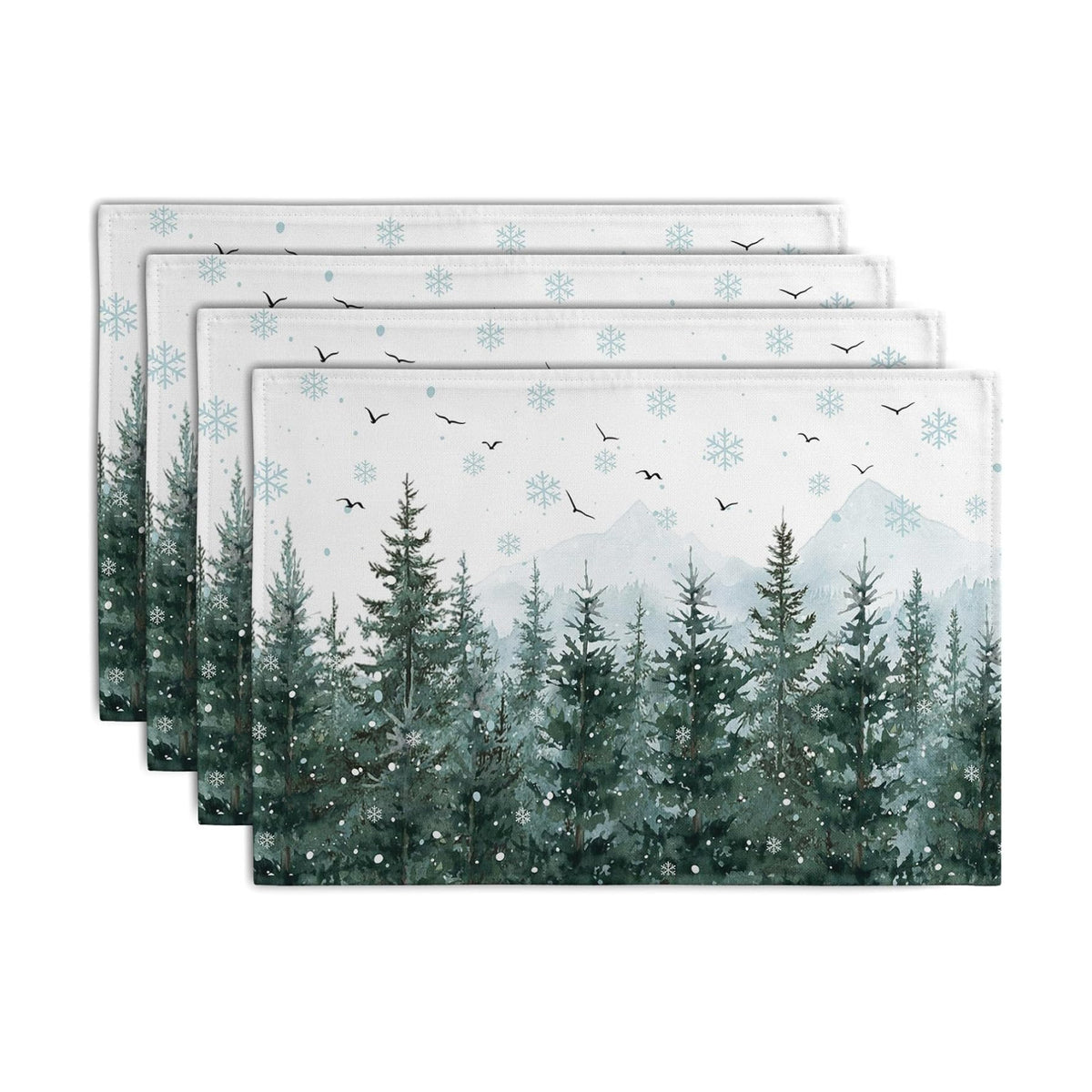 Winter Pine Tree Snowflake Placemats Set of 4 Christmas Snow Green Forest Place Mat 12x18 Inch Seasonal Xmas Holiday Rustic Nature Washable Fabric Table Mats for Farmhouse Kitchen Dining Decoration