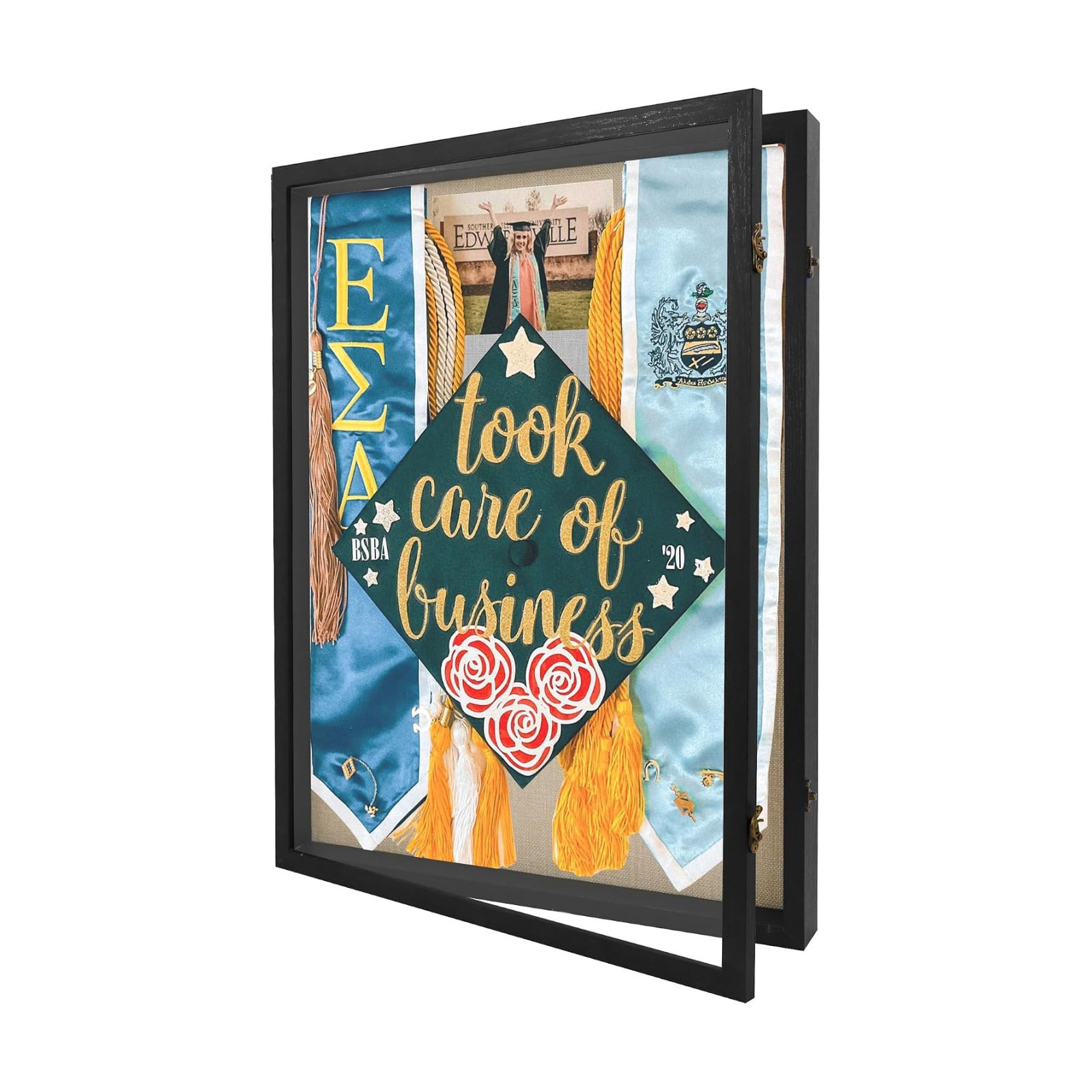 Large Graduation Shadow Box Frame for Cap Gown, Black 18x24 Display Case | Hinged Front Open Door Keepsake Box with