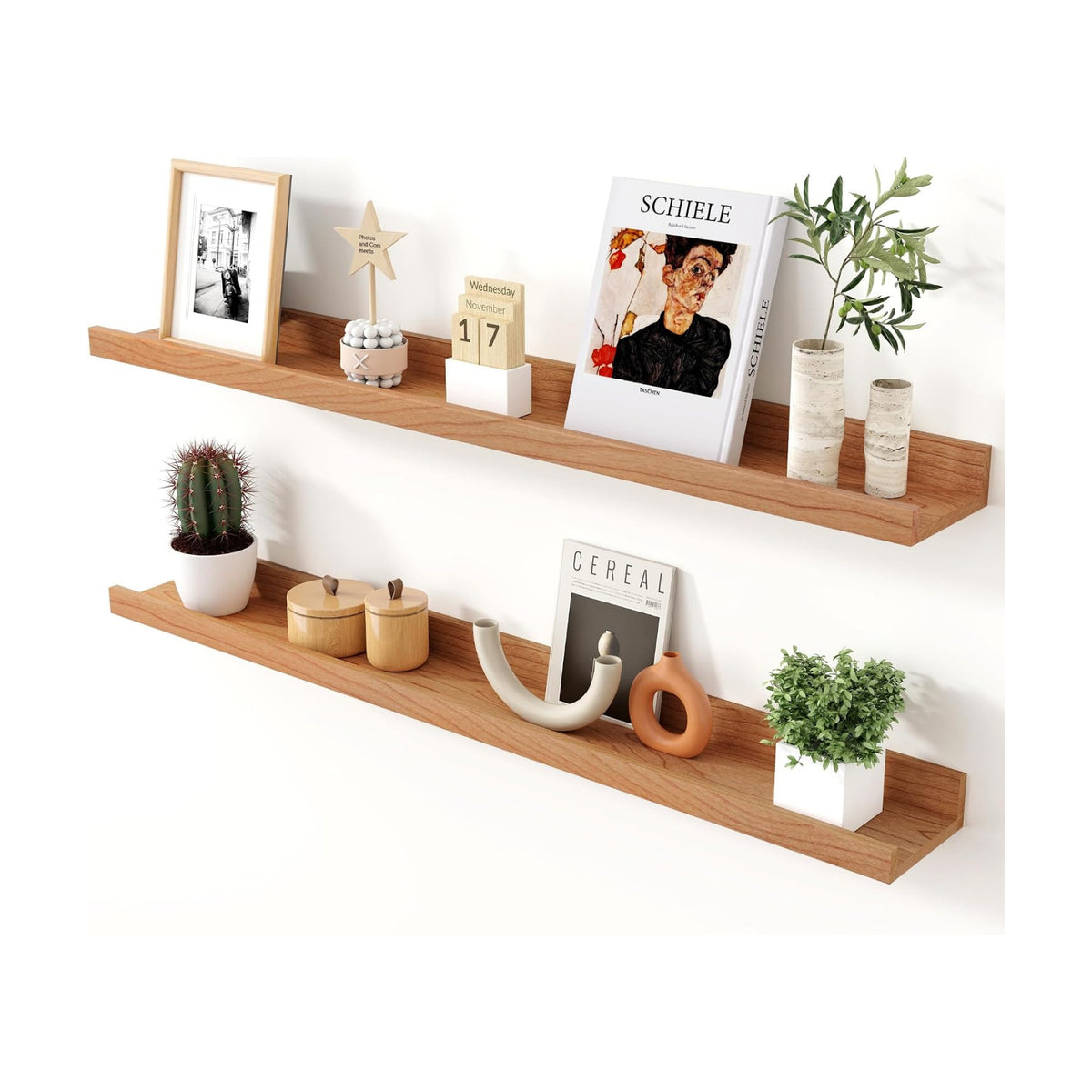 Cherry Picture Ledge Shelf, 36 Inch Floating Shelves Set of 2, Solid Wood Wall Shelves with Lip, Wall Decor Storage for