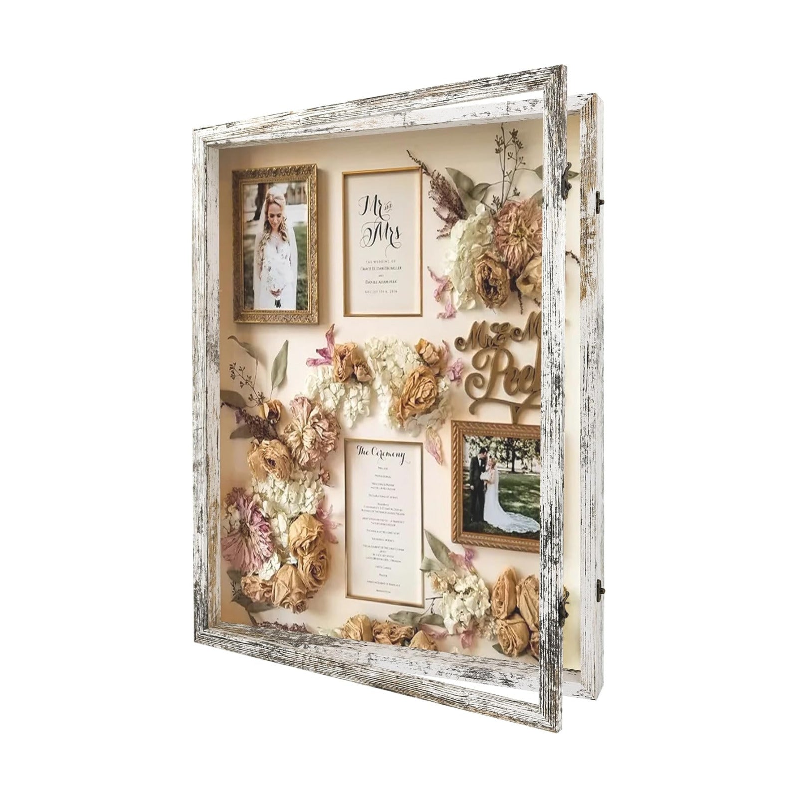 Large Shadow Box Frame 18x24 Display Case, White Wedding Bouquet Memory Box | Hinged Front Open Door with Plexiglass