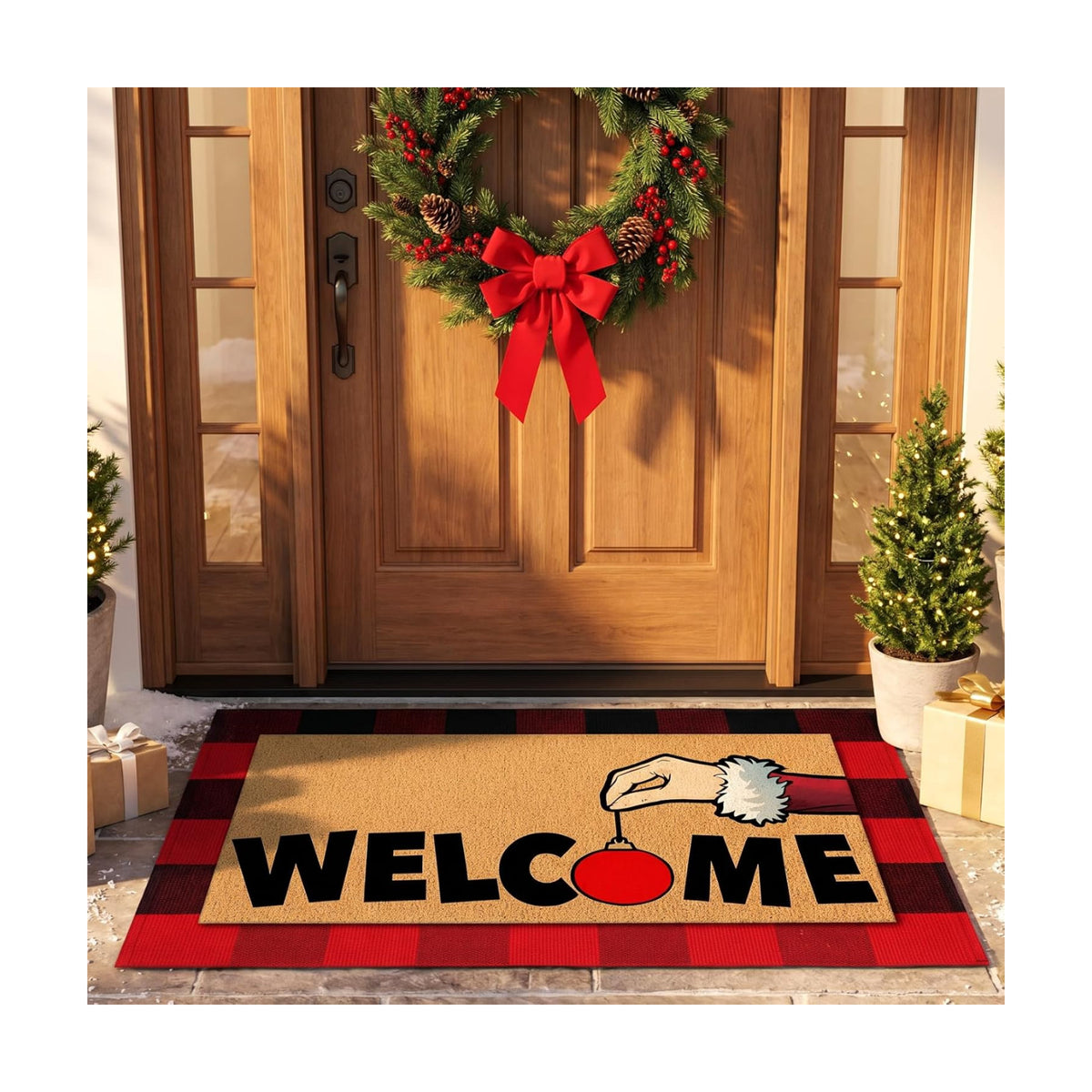 Tinideya 2 Pcs Christmas Door Mat Outdoor Layered Red and Black Welcome Mat