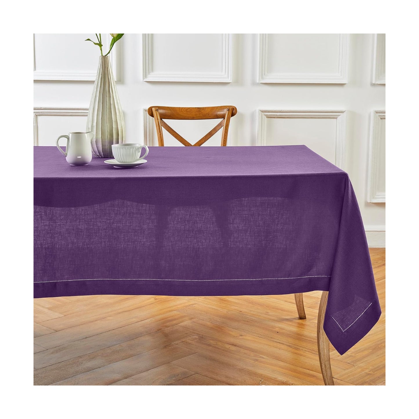 Solino Home 100% Linen Tablecloth Purple, Classic Hemstitch 60 x 108 in | Linen Table Cloth for 6-8 seater dining