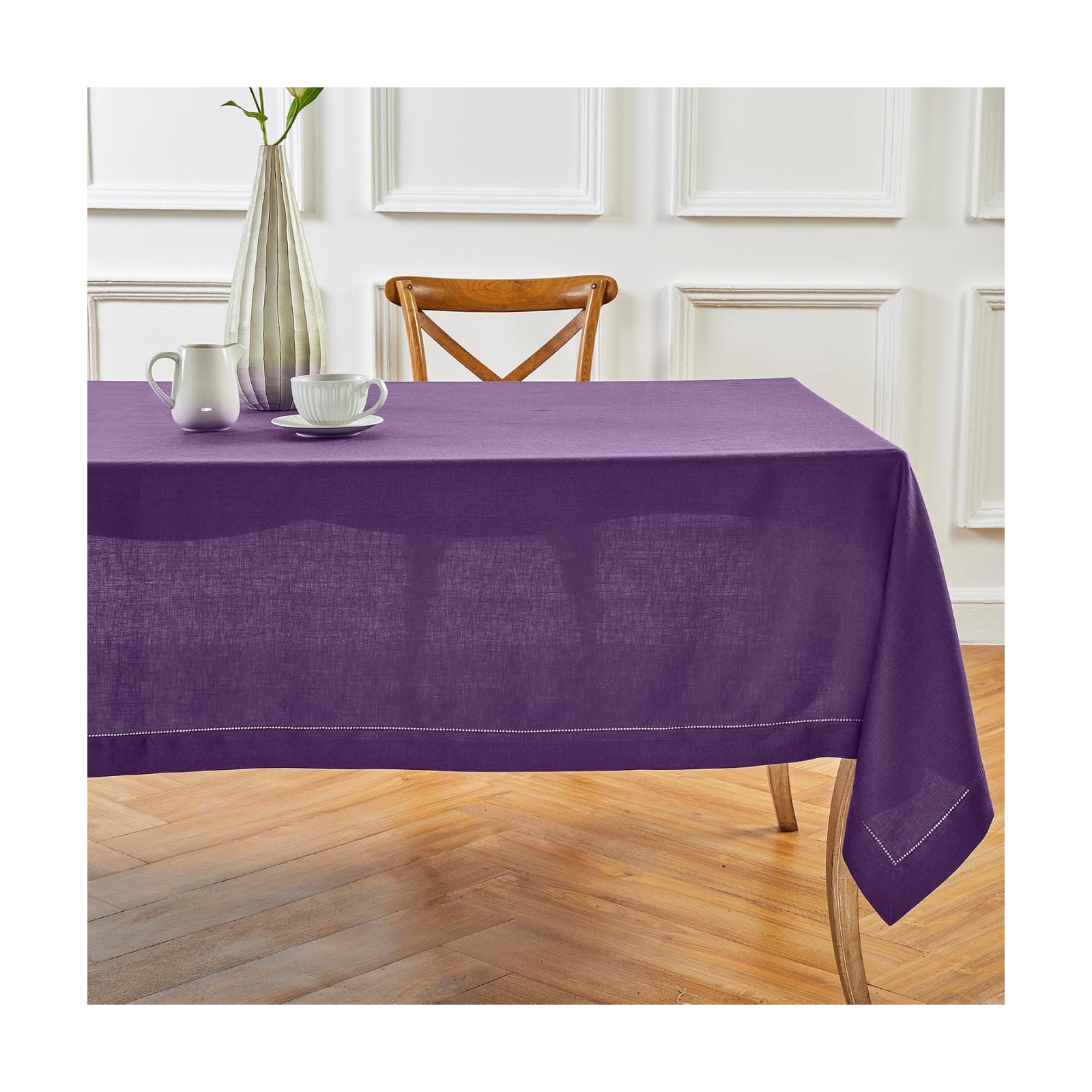 Solino Home 100% Linen Tablecloth Purple, Classic Hemstitch 60 x 108 in | Linen Table Cloth for 6-8 seater dining