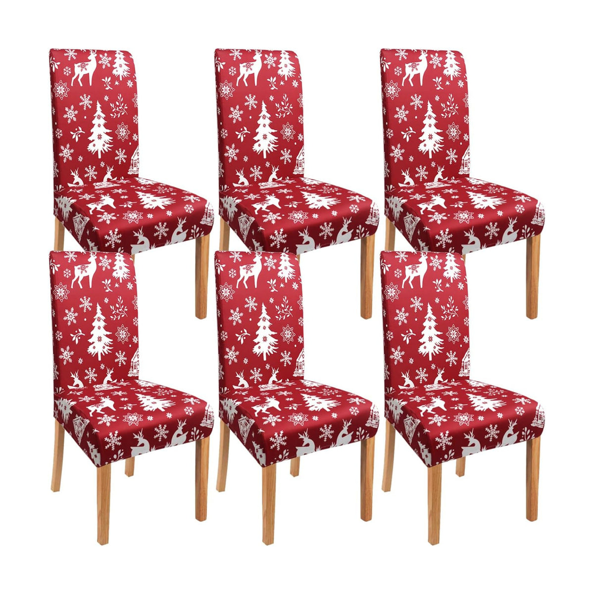 Red Christmas Chair Covers Set of 6,Winter Christmas Tree Snowflake Elk Chair Protectors,Elastic Removable Washable Dining Chair Covers for Winter Christmas Kitchen Dining Room Holiday Decor
