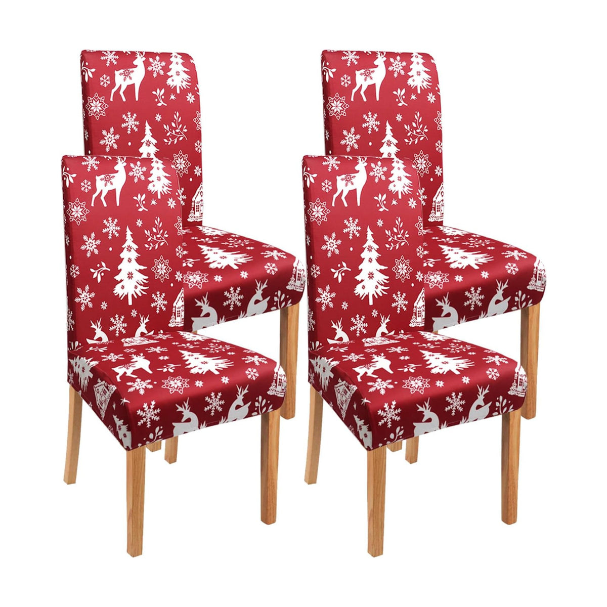 Red Christmas Chair Covers Set of 4,Winter Christmas Tree Snowflake Elk Chair Protectors,Elastic Removable Washable Dining Chair Covers for Winter Christmas Kitchen Dining Room Holiday Decor