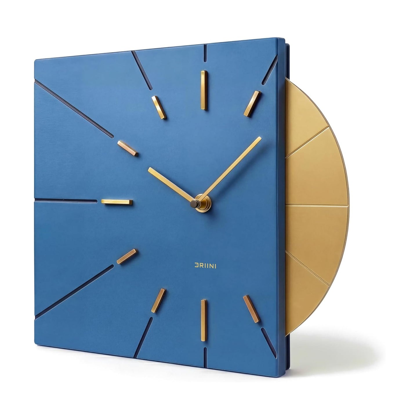 Driini Clocks Mid Century Modern Wall Clock - Square Blue Clock with Decorative Gold Accent- Unique and Cool Clock