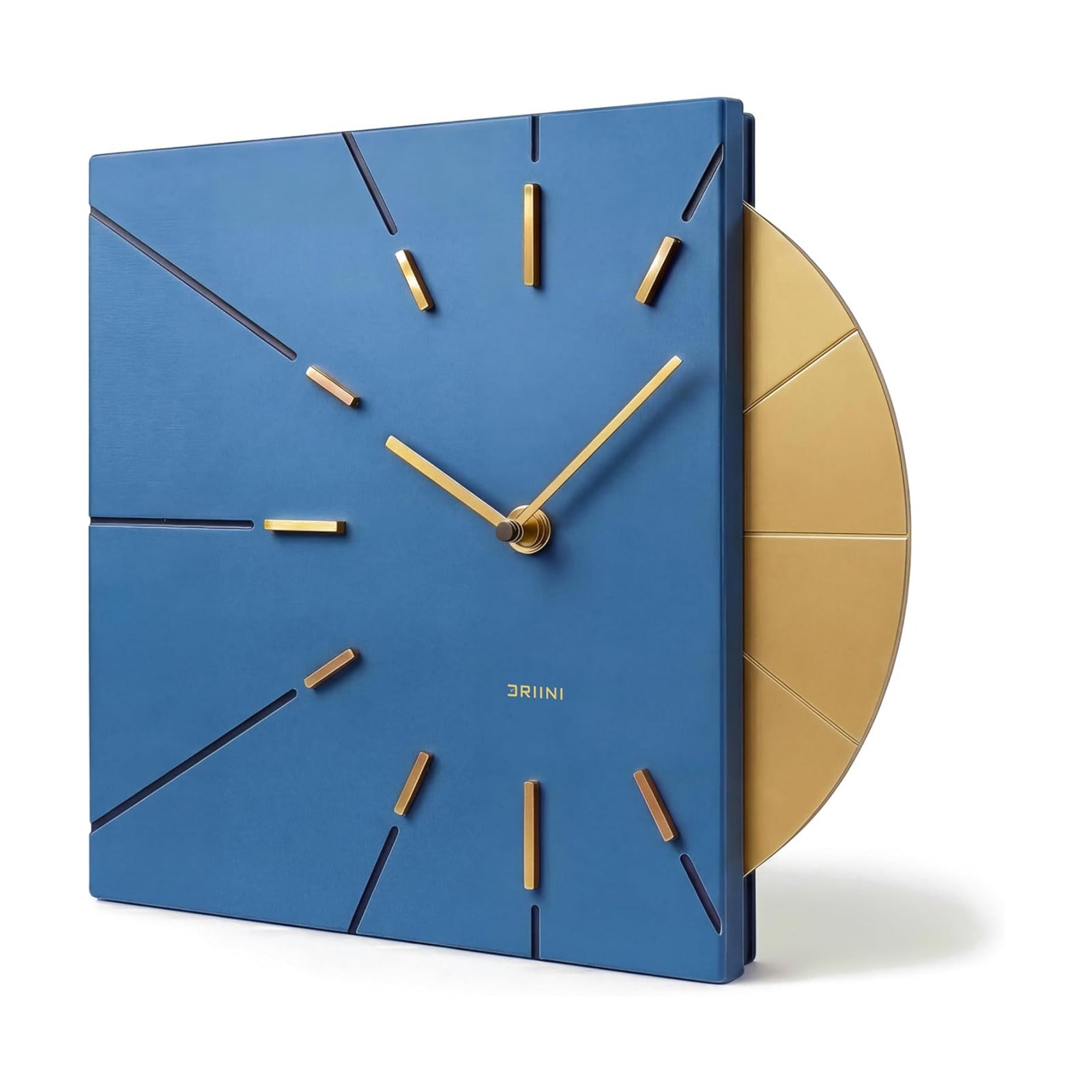 Driini Clocks Mid Century Modern Wall Clock - Square Blue Clock with Decorative Gold Accent- Unique and Cool Clock