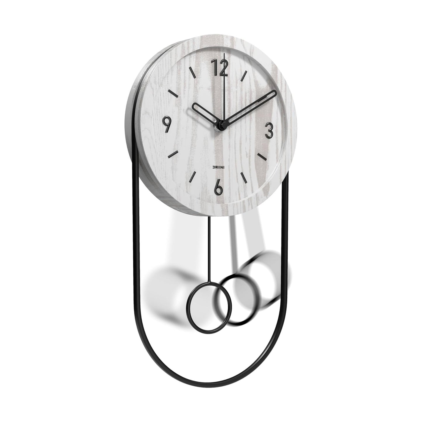 Driini Decorative Wall Clock with Pendulum (White) – Modern Wood, 3D Gold Numbers, Metal Frame – Small, Unique Wall