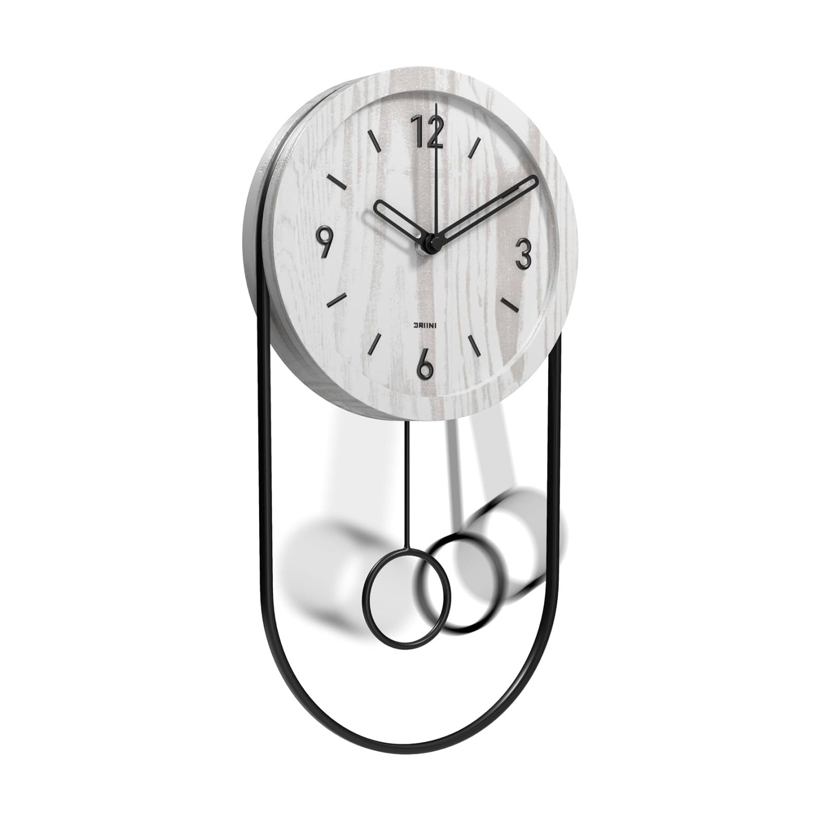 Driini Decorative Wall Clock with Pendulum (White) – Modern Wood, 3D Gold Numbers, Metal Frame – Small, Unique Wall