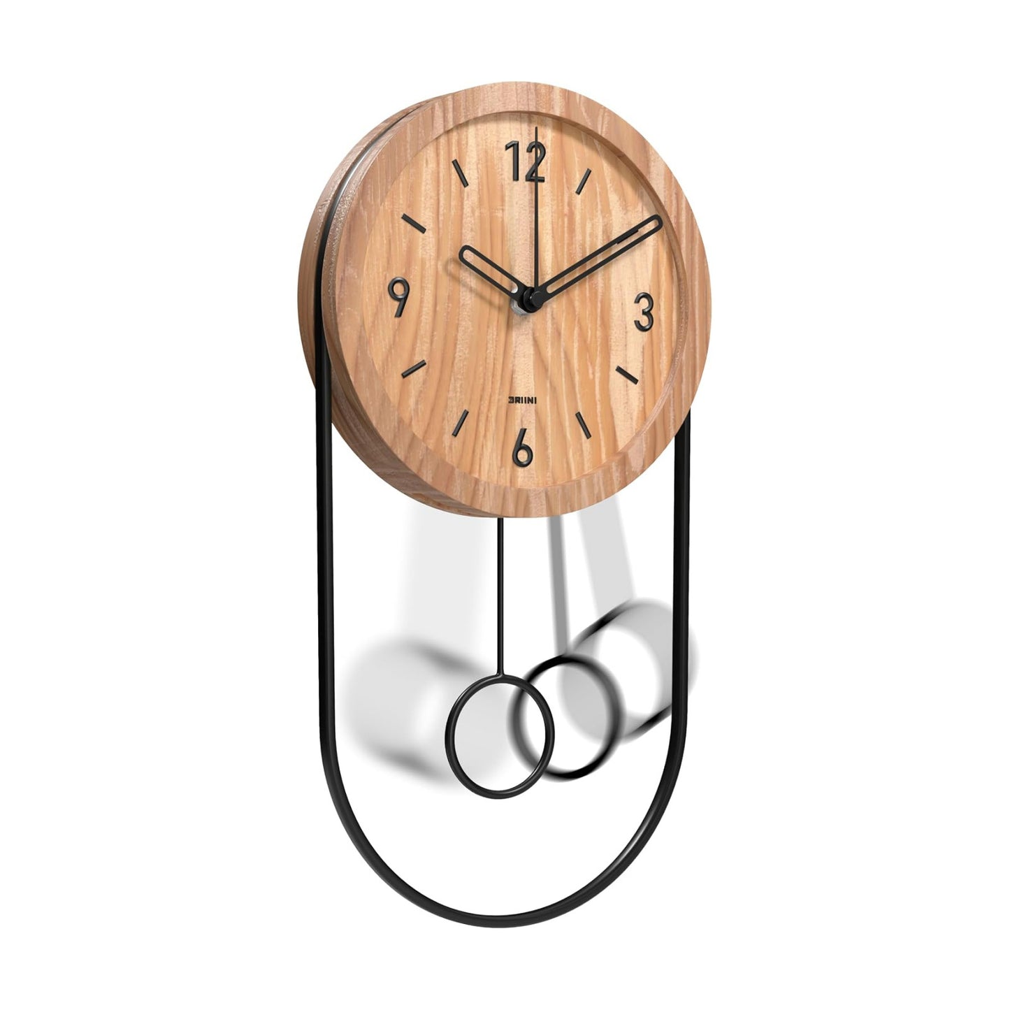 Driini Decorative Wall Clock with Pendulum (Oak) – Modern Wood, 3D Gold Numbers, Metal Frame – Small, Unique Wall