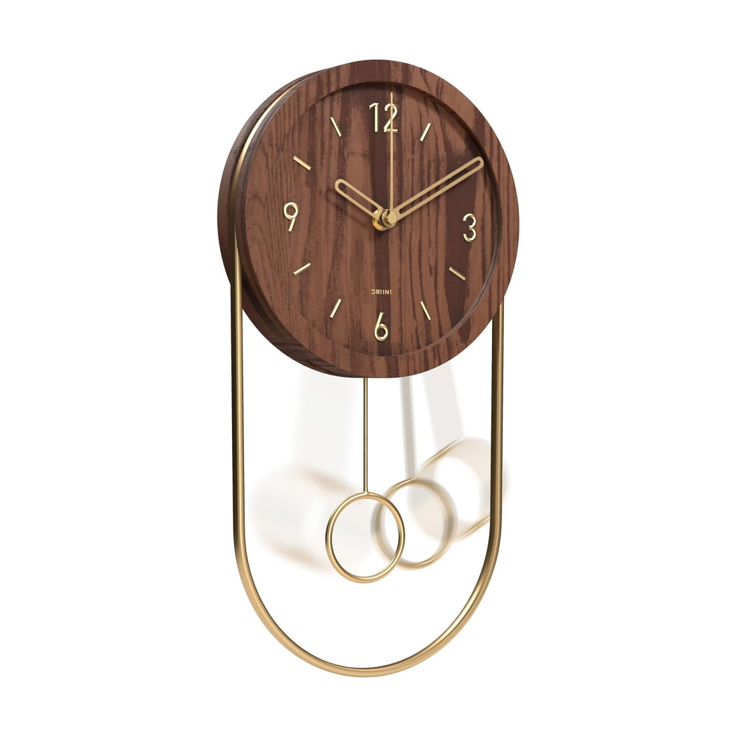 Driini Decorative Wall Clock with Pendulum (Walnut) – Modern Wood, 3D Gold Numbers, Metal Frame – Small, Unique Wall