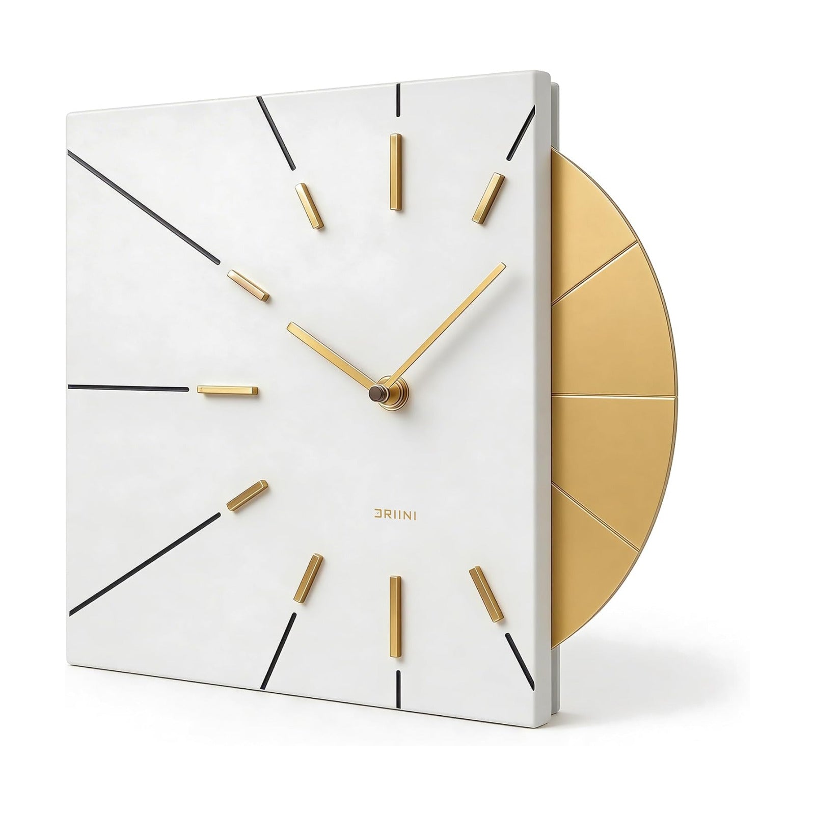 Driini Clocks Mid Century Modern Wall Clock - Square White Clock with Decorative Gold Accent- Unique and Cool Clock