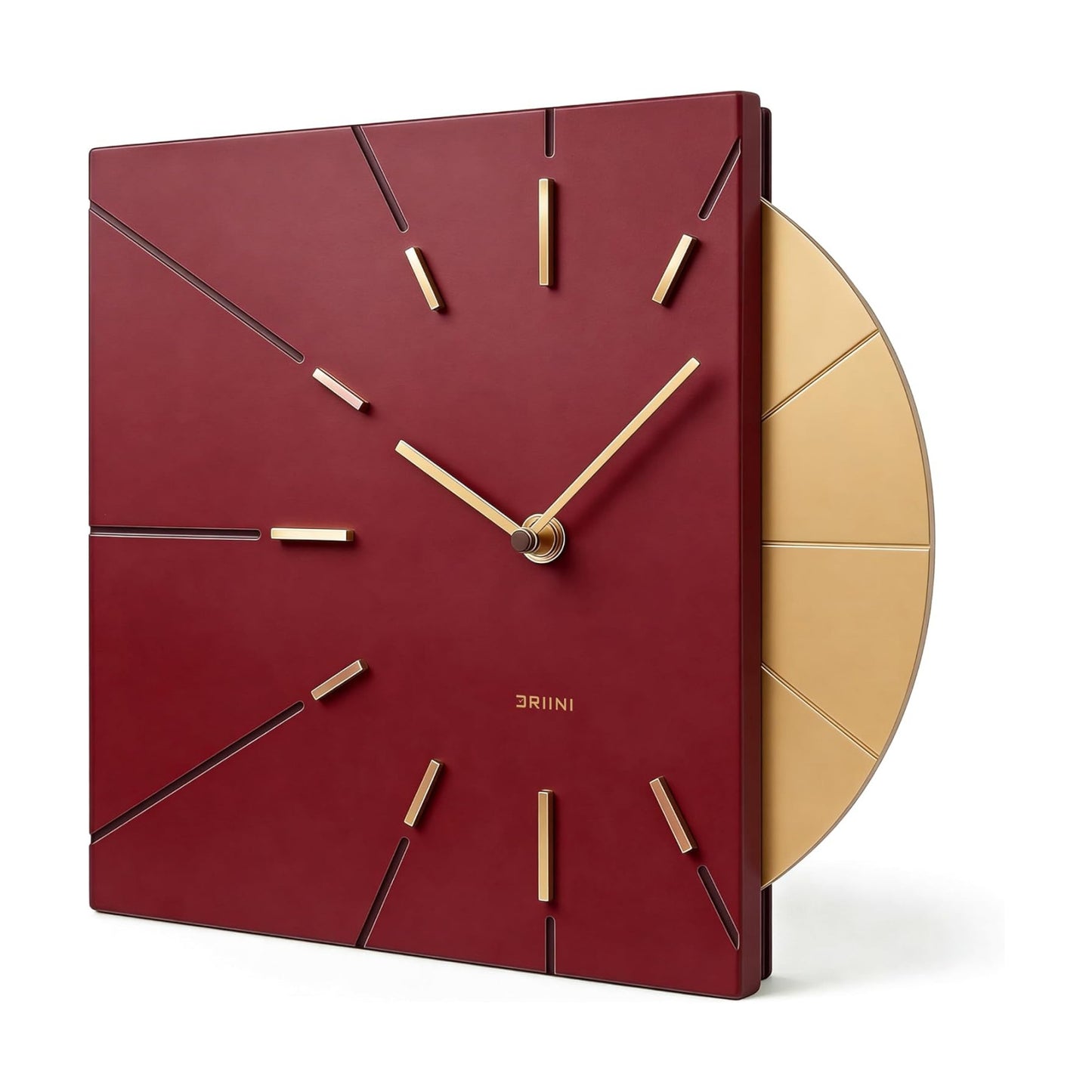 Driini Clocks Mid Century Modern Wall Clock - Square Red Clock with Decorative Gold Accent- Unique and Cool Clock