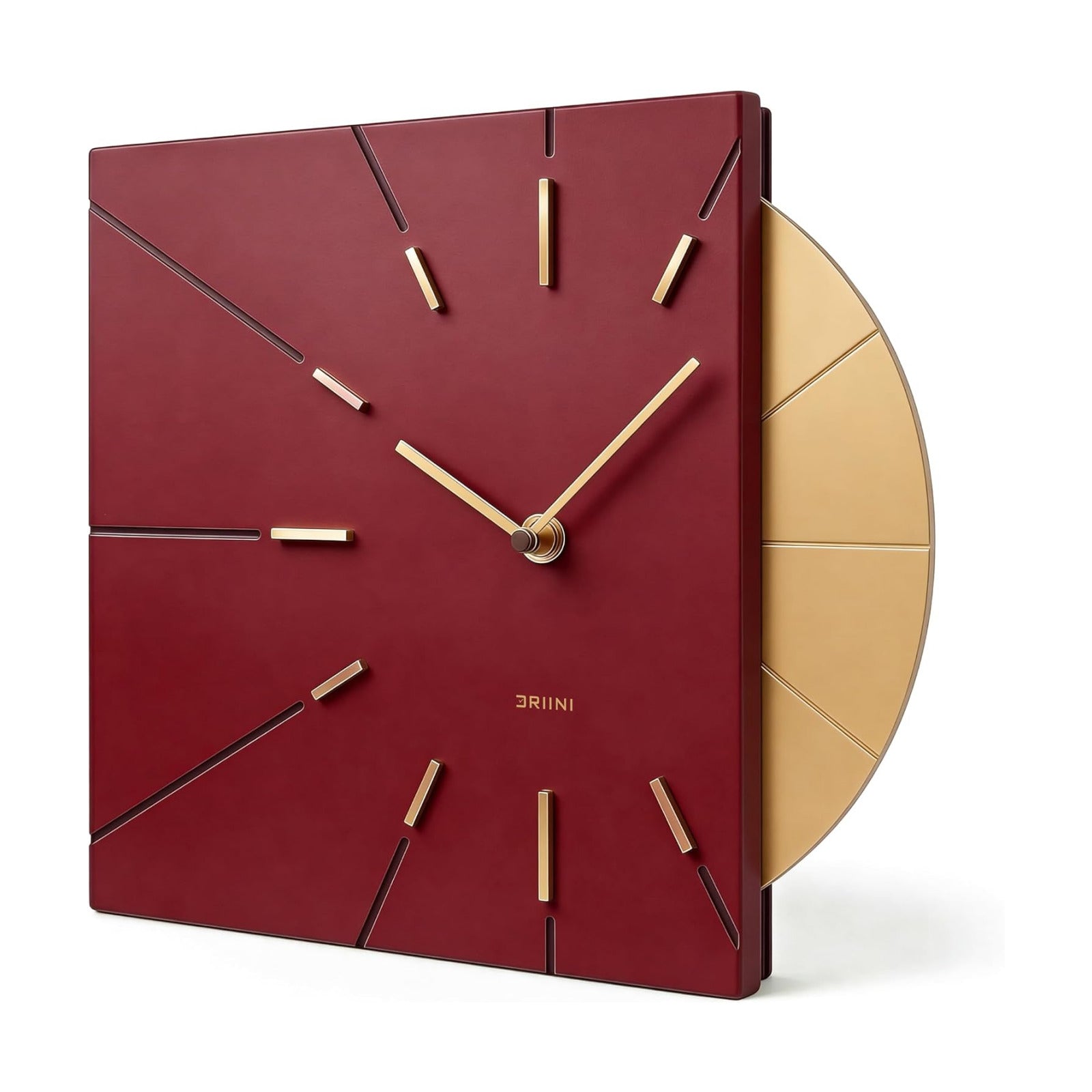 Driini Clocks Mid Century Modern Wall Clock - Square Red Clock with Decorative Gold Accent- Unique and Cool Clock