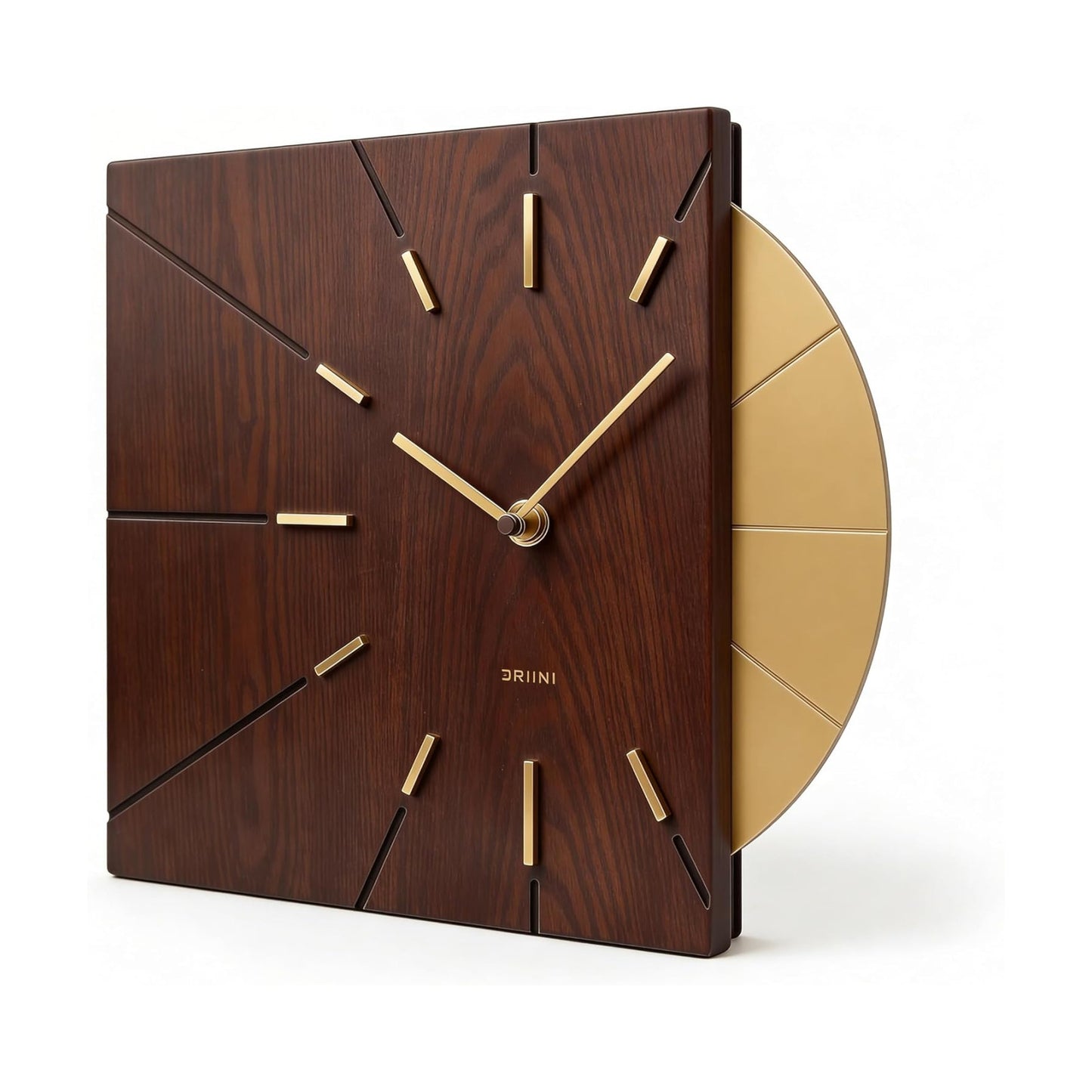 Driini Clocks Mid Century Modern Wall Clock - Square Wood Clock with Decorative Gold Accent- Unique and Cool Clock