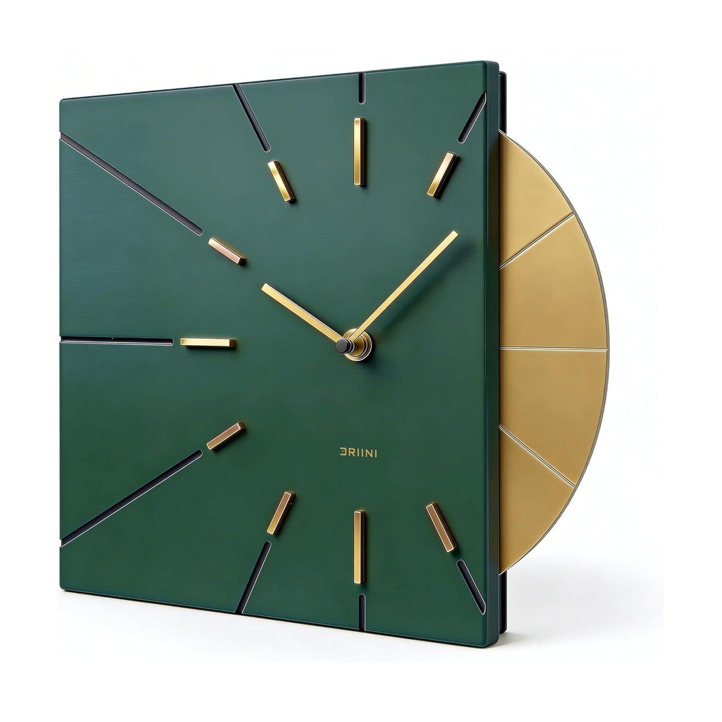 Driini Clocks Mid Century Modern Wall Clock - Square Green Clock with Decorative Gold Accent- Unique and Cool Clock
