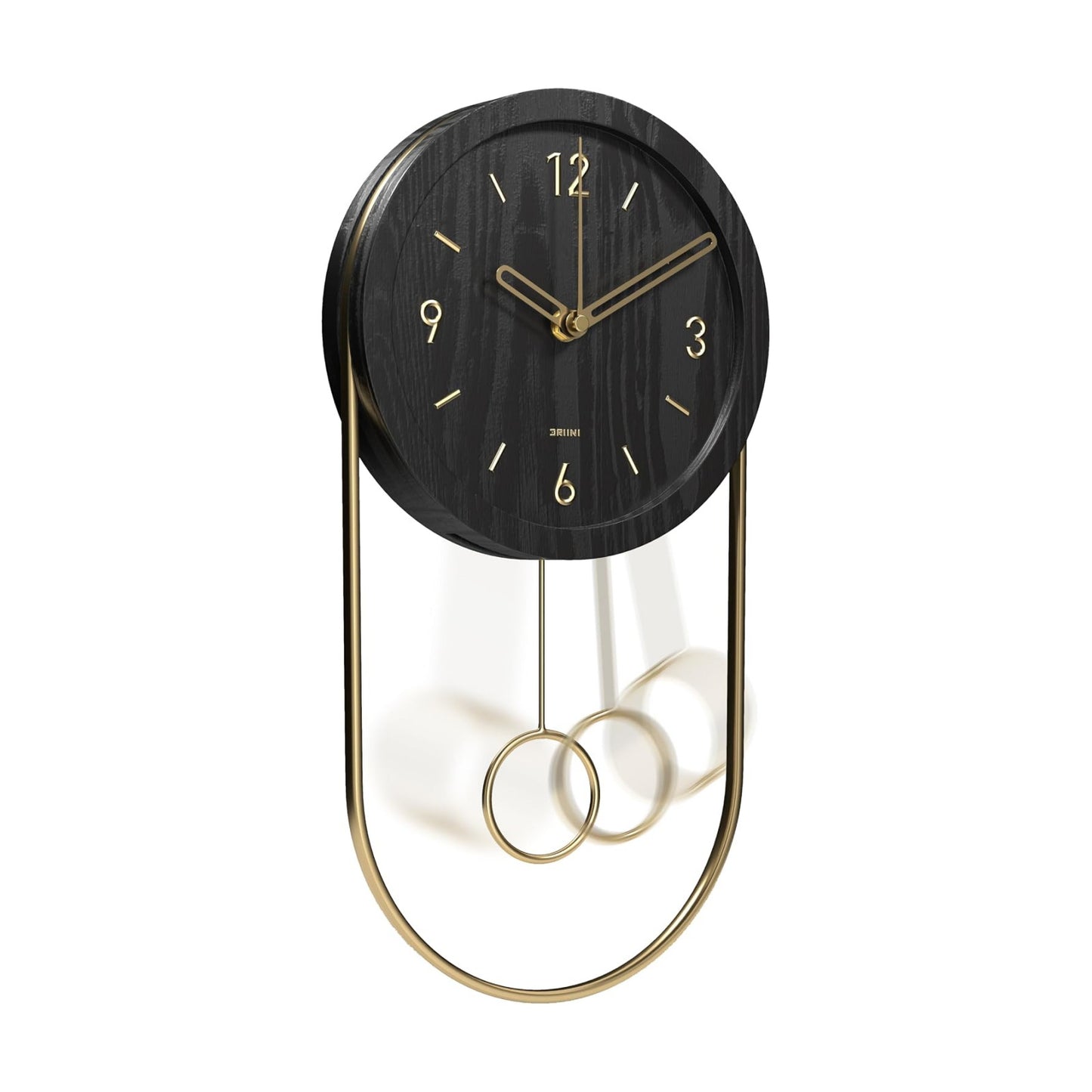 Driini Decorative Wall Clock with Pendulum (Black) – Modern Wood, 3D Gold Numbers, Metal Frame – Small, Unique Wall