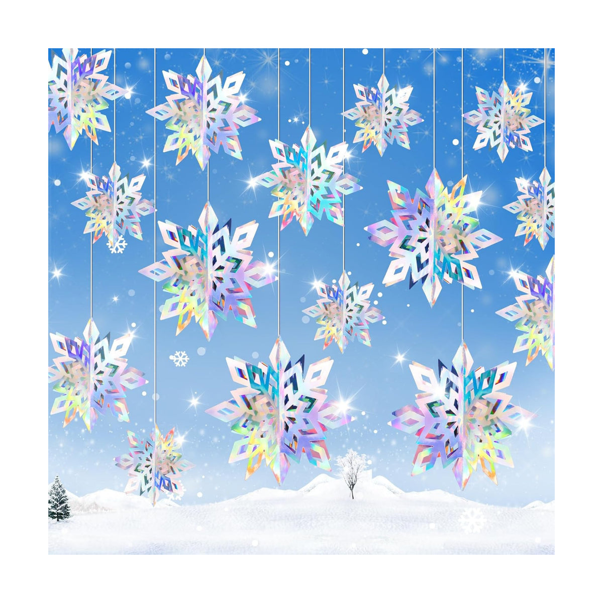 18pcs Hanging Snowflakes Decorations, 3D Iridescent Large Snowflakes Ornaments Hanging Snow Flakes from Ceiling for Christmas Winter Wonderland Indoor Home New Year Frozen Birthday Party Decorations
