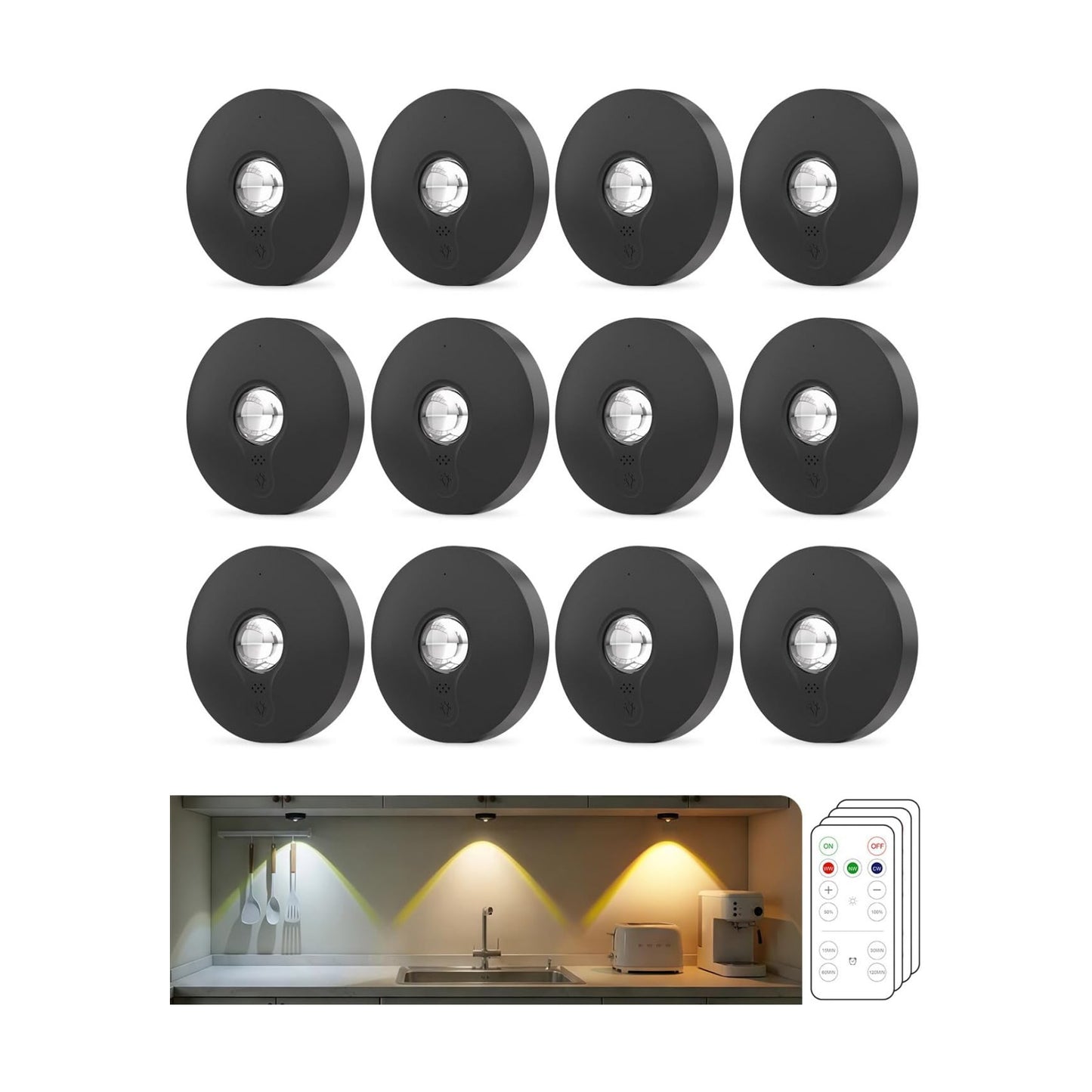 Rechargeable Puck Lights with Remote Control, 1500mAh Battery Operated Tap Lights, Dimmer & Timer Under Cabinet