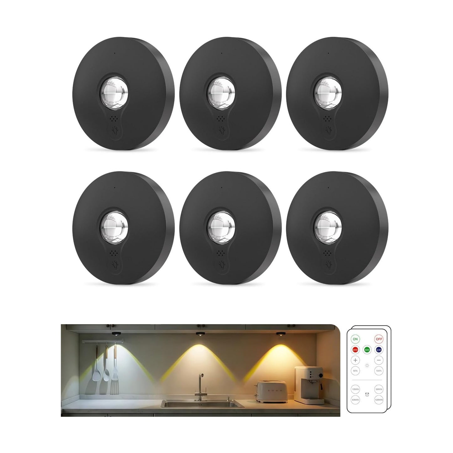 Rechargeable Puck Lights with Remote Control, 1500mAh Battery Operated Tap Lights, Dimmer & Timer Under Cabinet