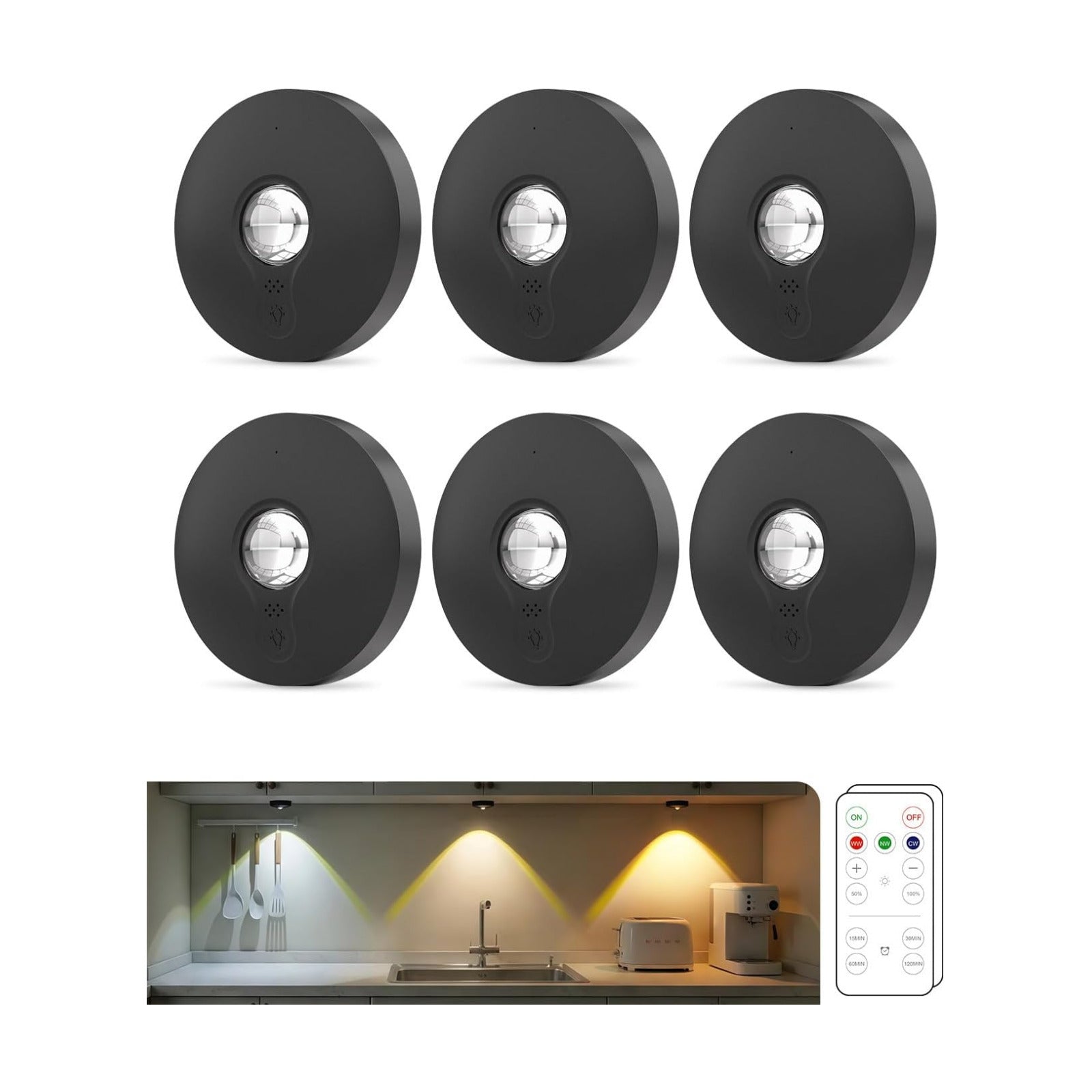 Rechargeable Puck Lights with Remote Control, 1500mAh Battery Operated Tap Lights, Dimmer & Timer Under Cabinet